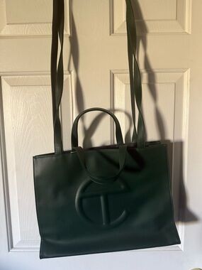 Telfar Dark Green Embossed Logo Leather Tote